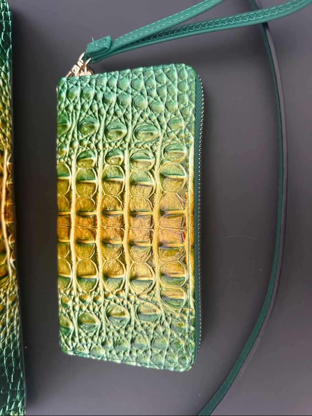 Green & Yellow Croc-Embossed Satchel with Detachable Strap - Picture 3 of 13
